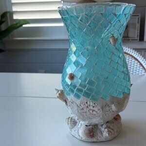 Turquoise Mosaic Glass Vase with Seashell Accents
